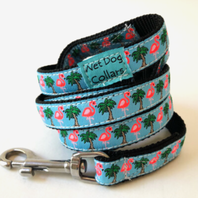 Dog leash with flamingo and palm tree pattern made for saltwater with seize proof stainless clip