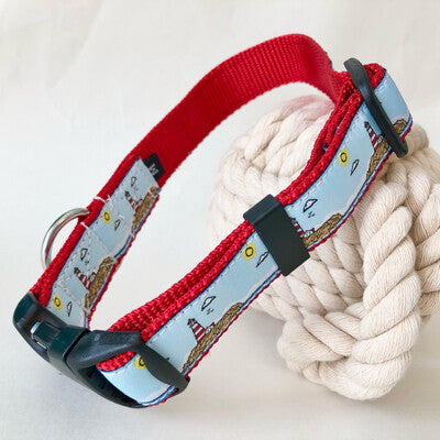 Dog collar with red lighthouse made for the salty dog with saltwater safe materials