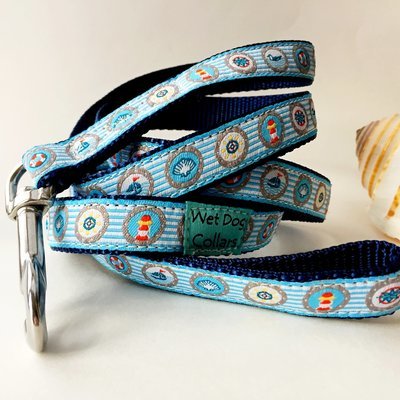 Dog leash with sailboats, compass, shell made for the sailing saltwater dog with seize proof leash stainless