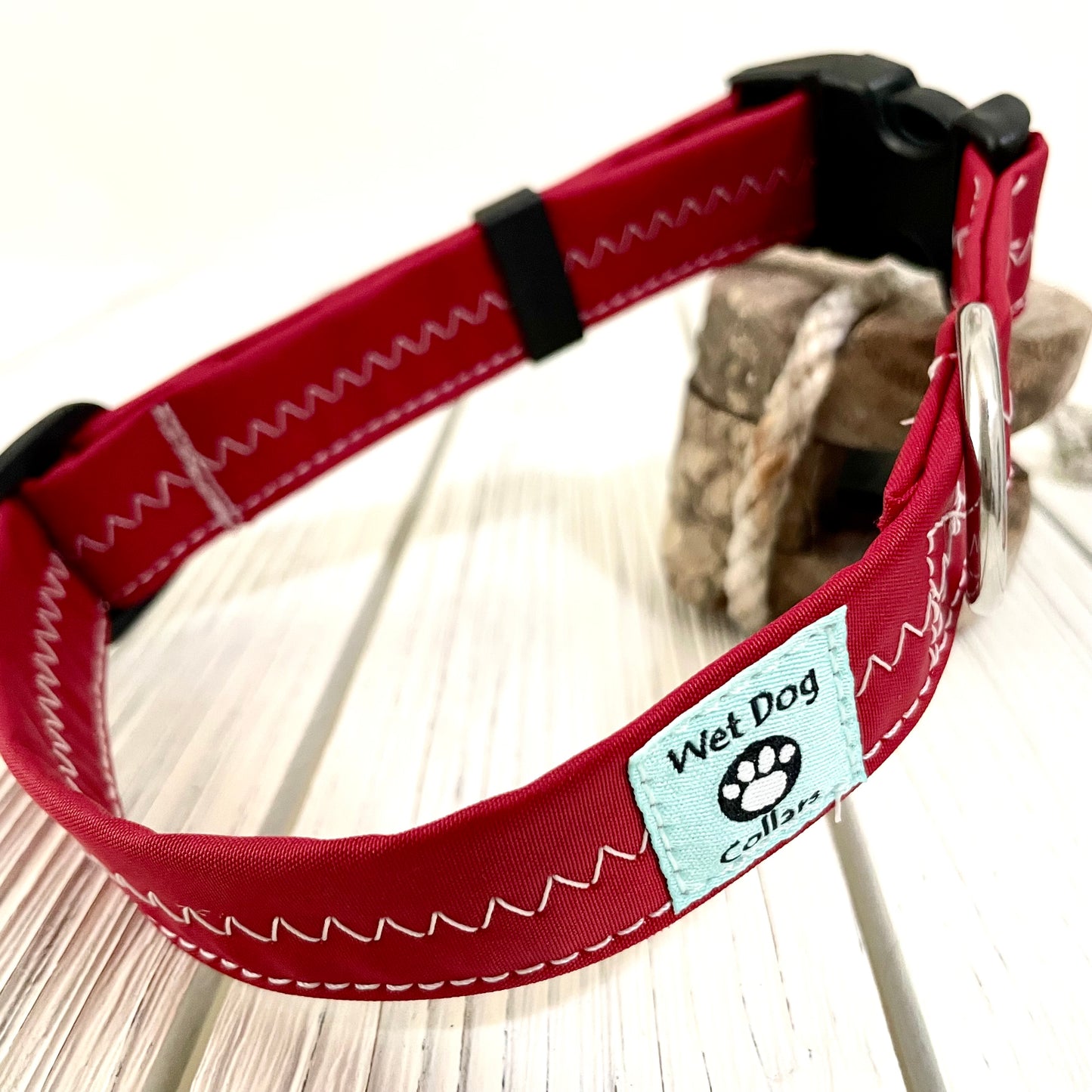 repurposed red sailcloth dog collar with zig zig stitch for saltwater dog wet dog collars