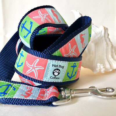 anchors, seahorse and starfish wide dog leash for the beach dog with seize proof stainless steel hardware