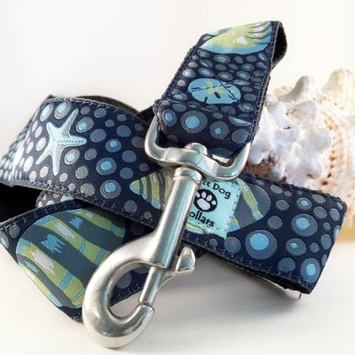 sea shells on navy wide dog leash made for the beach dog with stainless swivel clip for saltwater