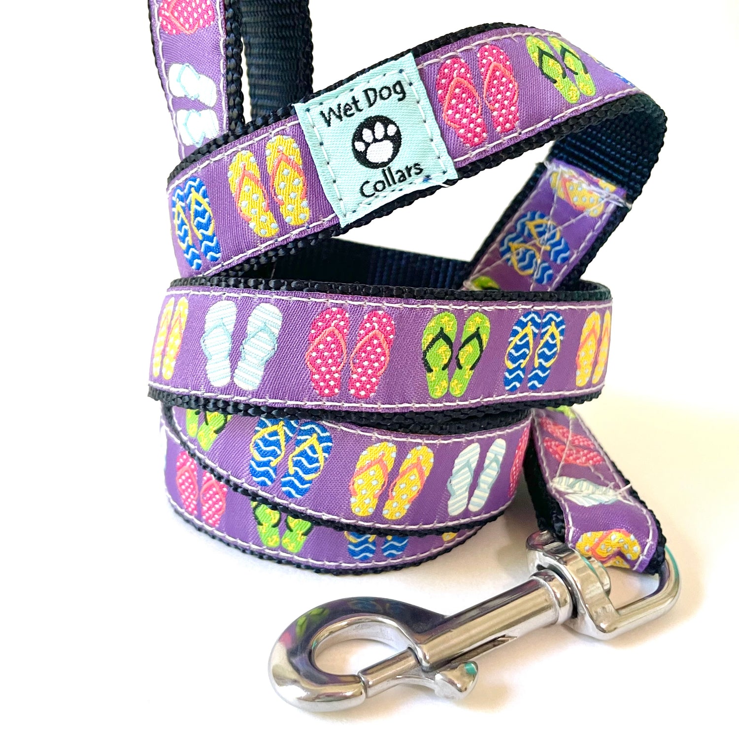 Purple dog collar with flip-flop pattern and stainless steel beach ready clip