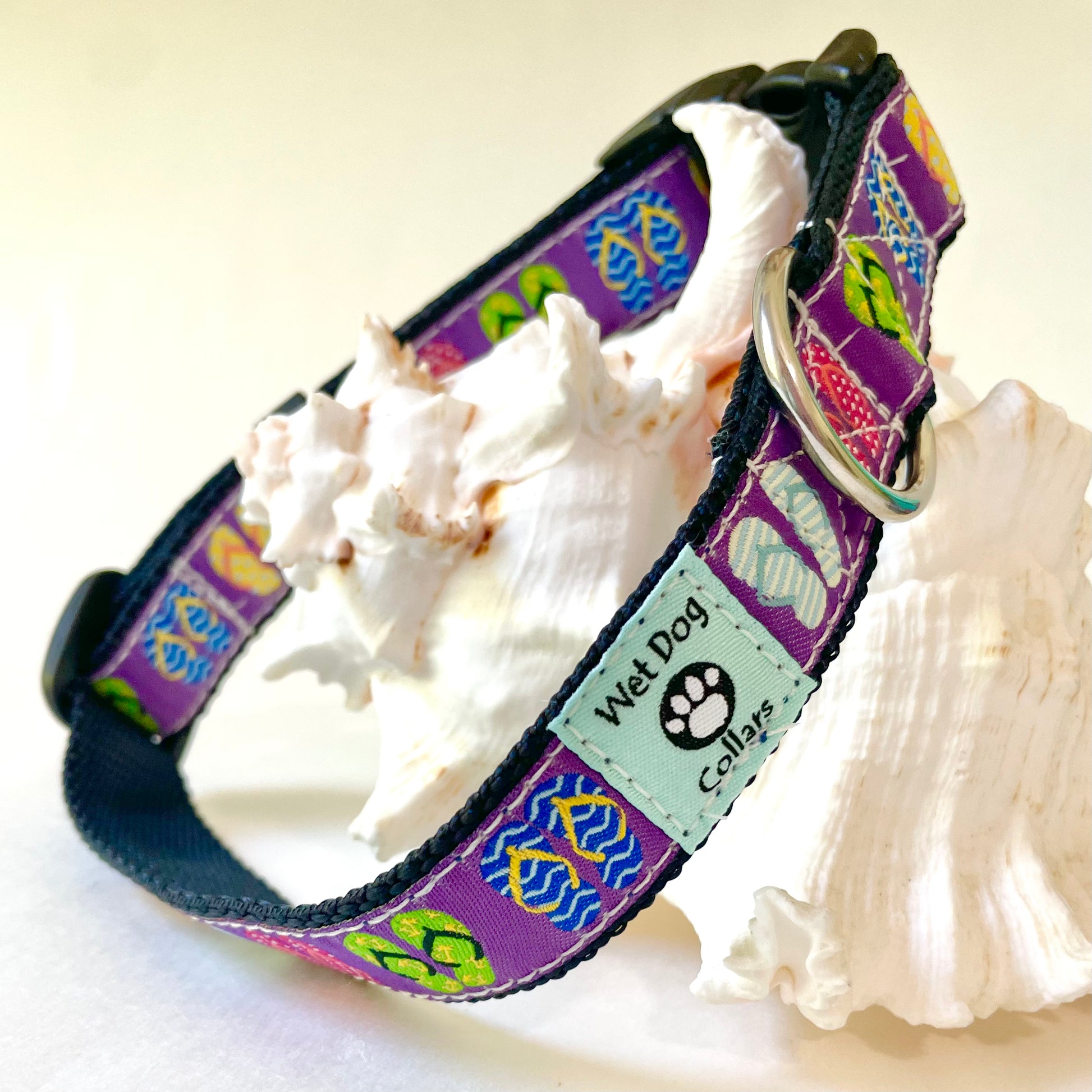 Colorful beach dog collar with flip flop design on purple background for saltwater with rust proof stainless hardware