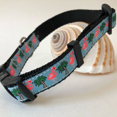 Dog collar with flamingo and palm tree pattern for beach use