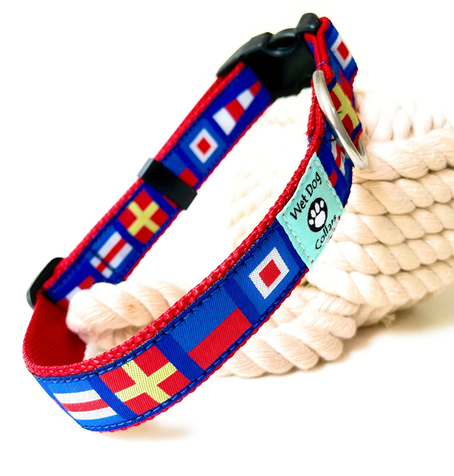 Dog collar with nautical flag pattern CREW rust proof boat stainless steel D-ring 