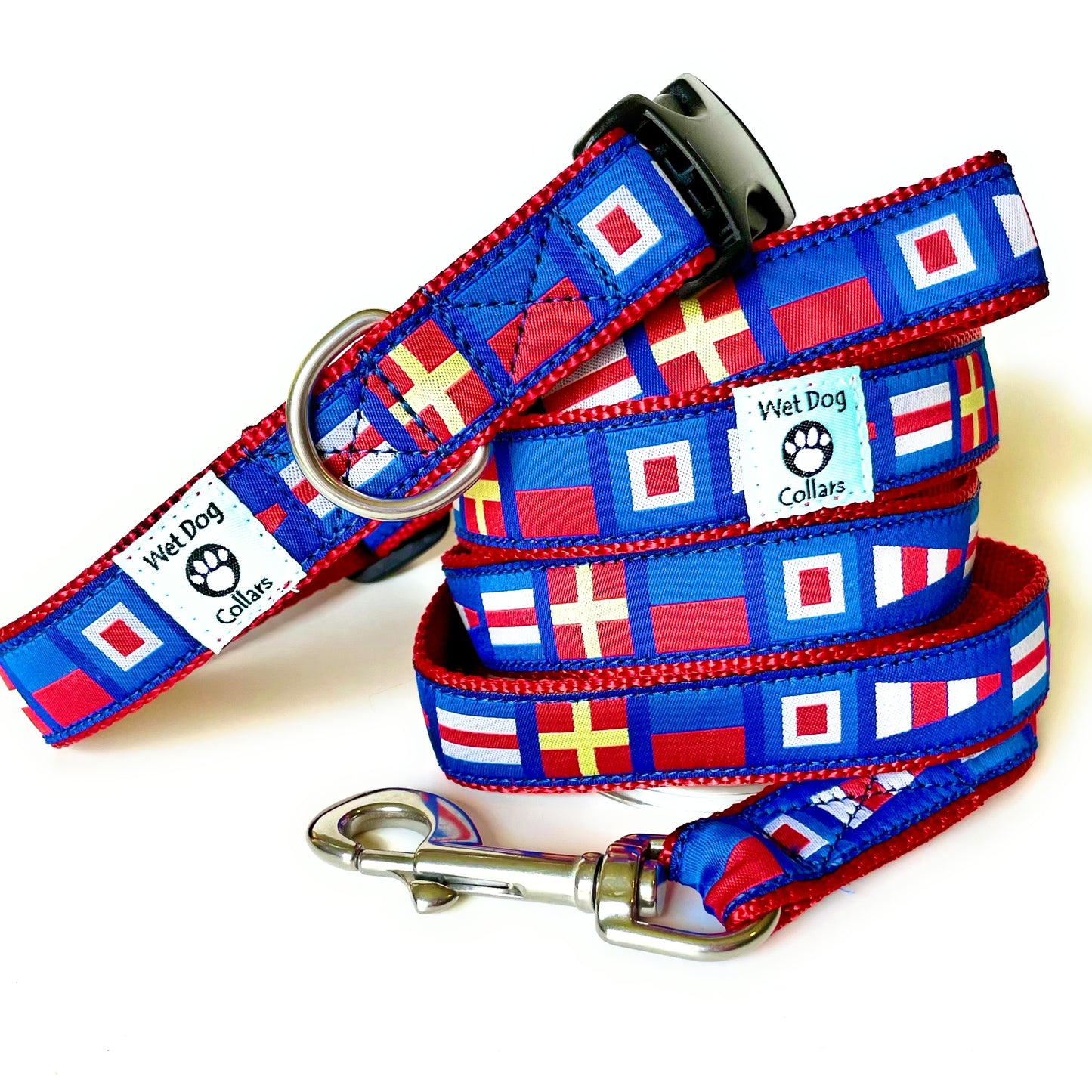 Dog collar  and leash with nautical flag pattern CREW rust proof boat stainless steel D-ring and leash clip