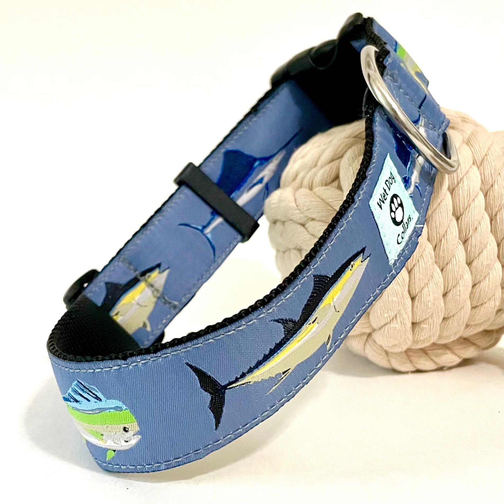 Sailfish, Tuna and Mahi on  blue background woven jacquard dog leash with rust proof stainless D-ring. Wet Dog Collars