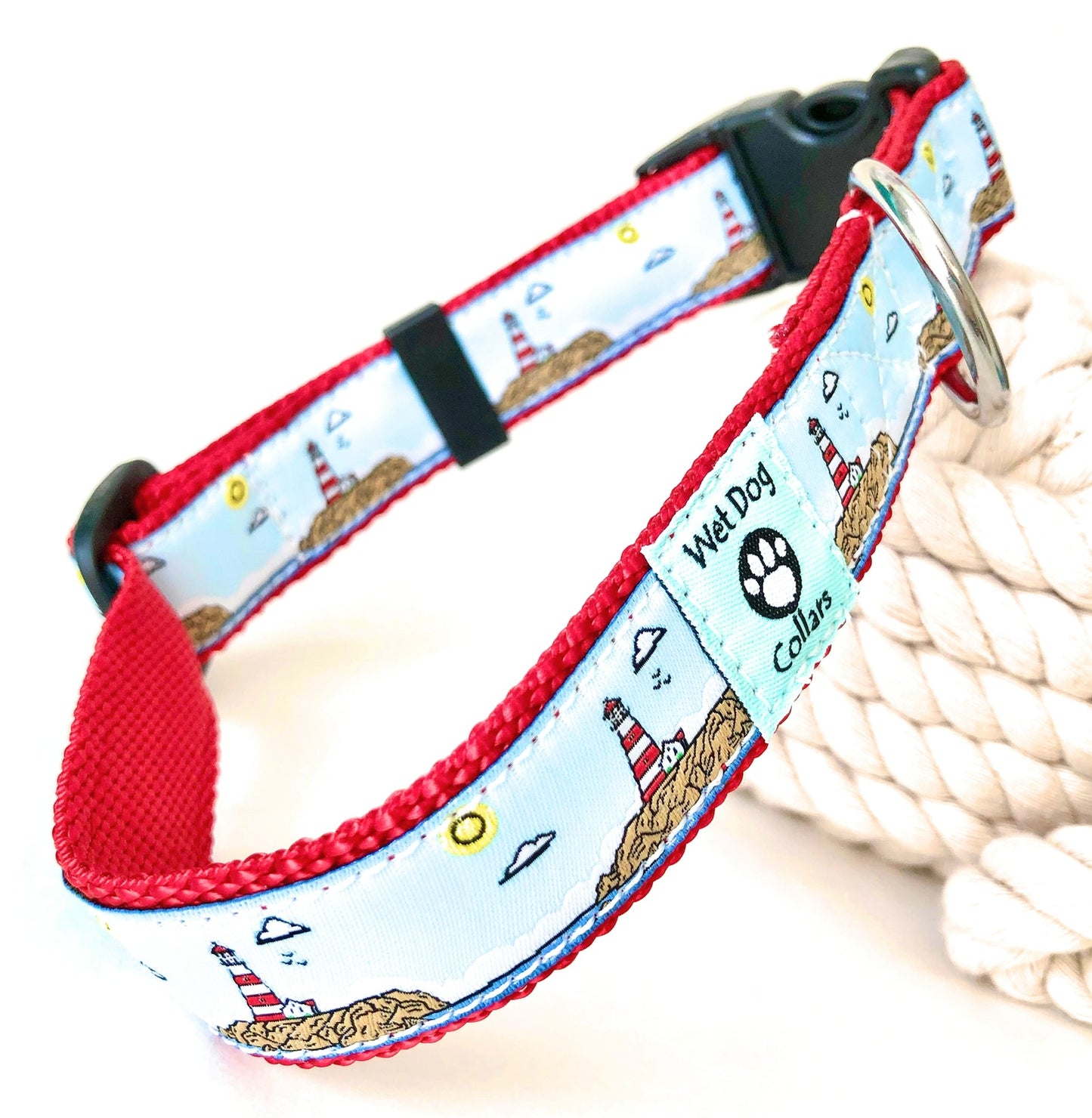 Dog collar with nautical lighthouse design and rust proof stainless steel D-ring
