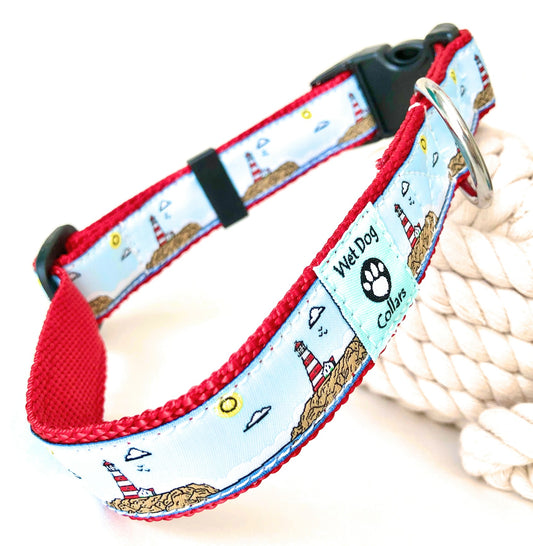Dog collar with nautical lighthouse design and rust proof stainless steel D-ring