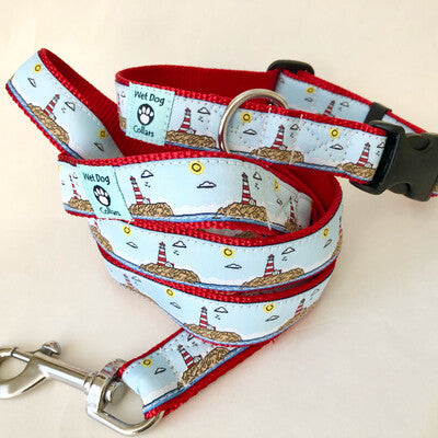 Dog collar and leash set with lighthouse pattern made for the salty dog with saltwater safe materials