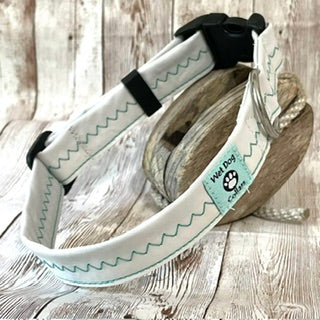Sailcloth dog collar with green zig zag rust proof for ocean Wet Dog Collars