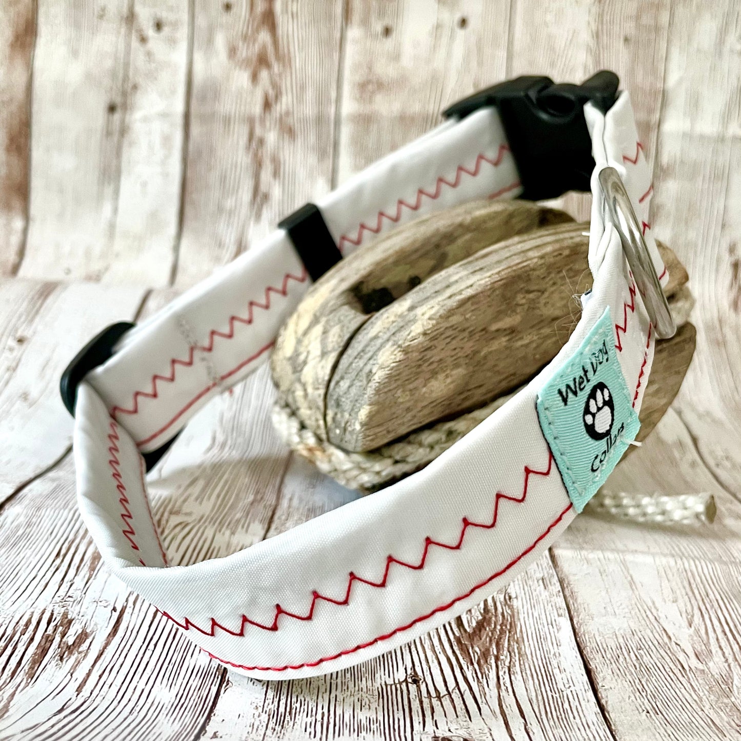 Sailcloth dog collar with red zig zag Wet Dog Collars
