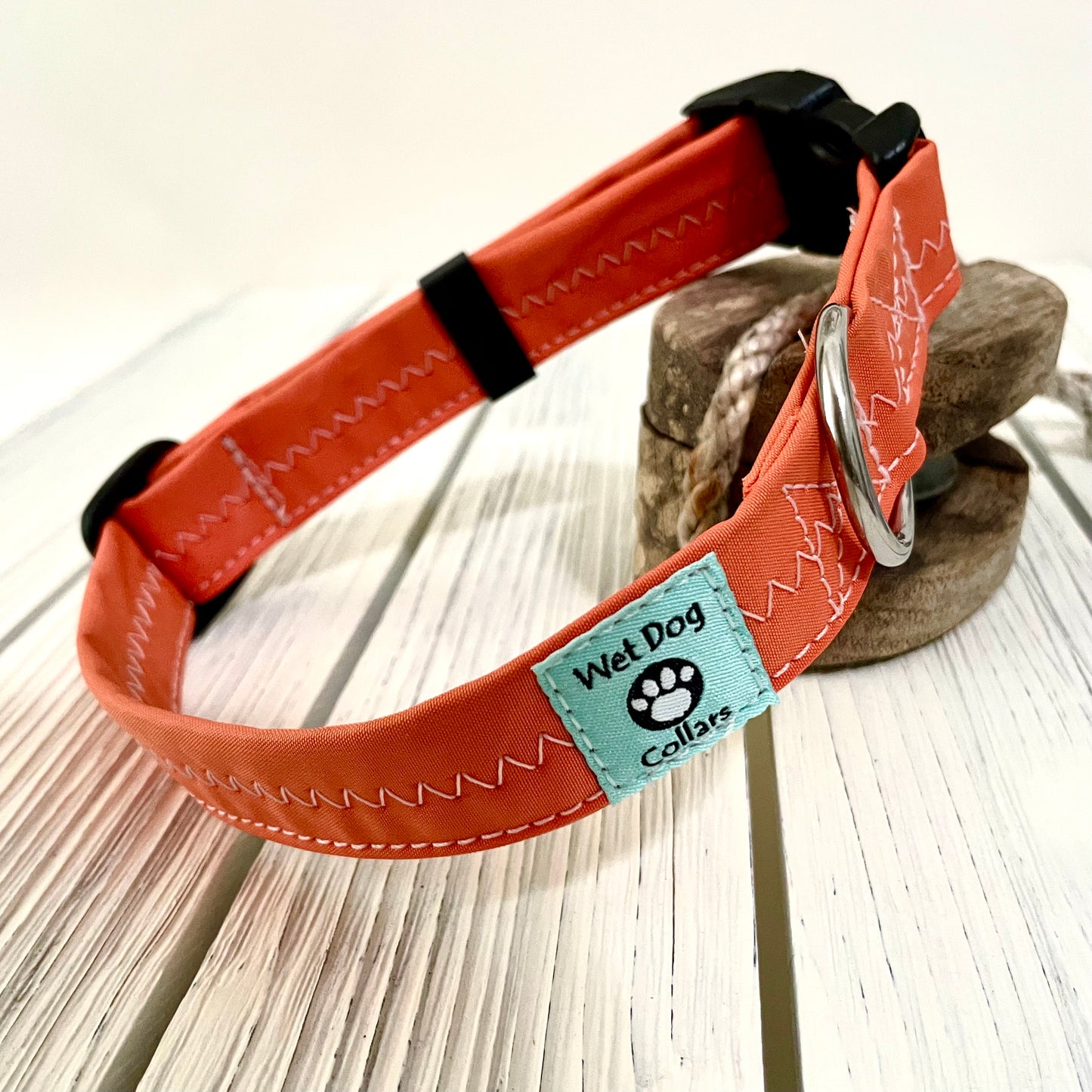repurposed orange sailcloth dog collar with zig zig stitch for saltwater dog wet dog collars