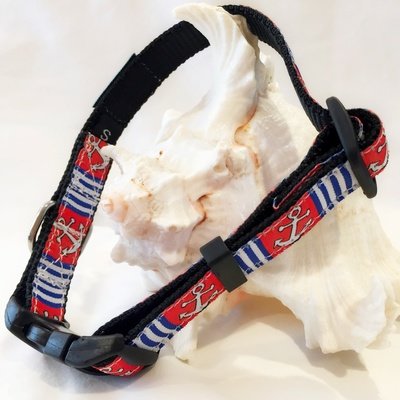 Nautical-themed dog collar with anchors and stripes made for saltwater dog