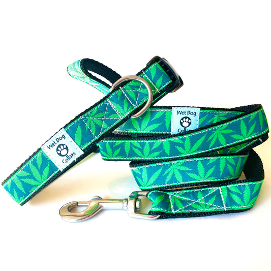 Green marijuana leaf-patterned dog collar and leash with saltwater proof stainless swivel clip for beach use