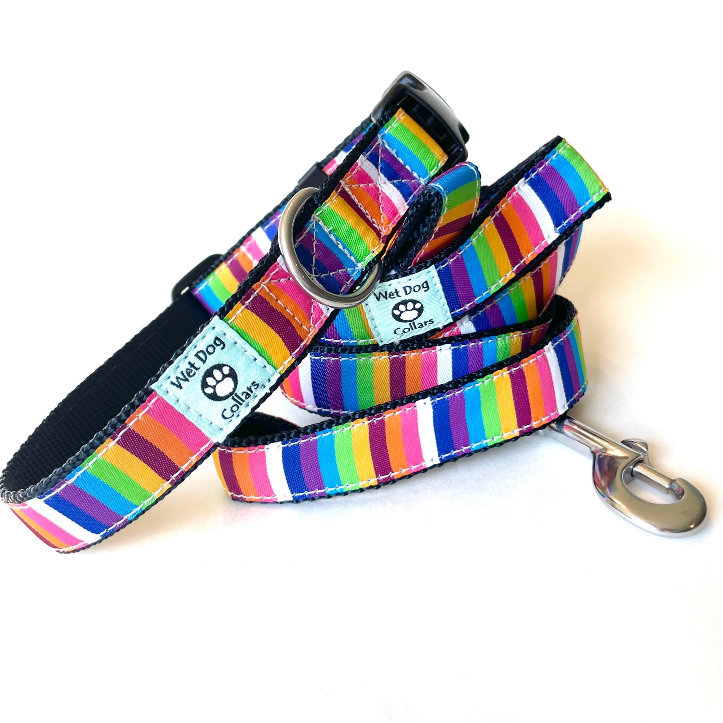 Rainbow striped dog collar and leash with saltwater durable stainless and materials
