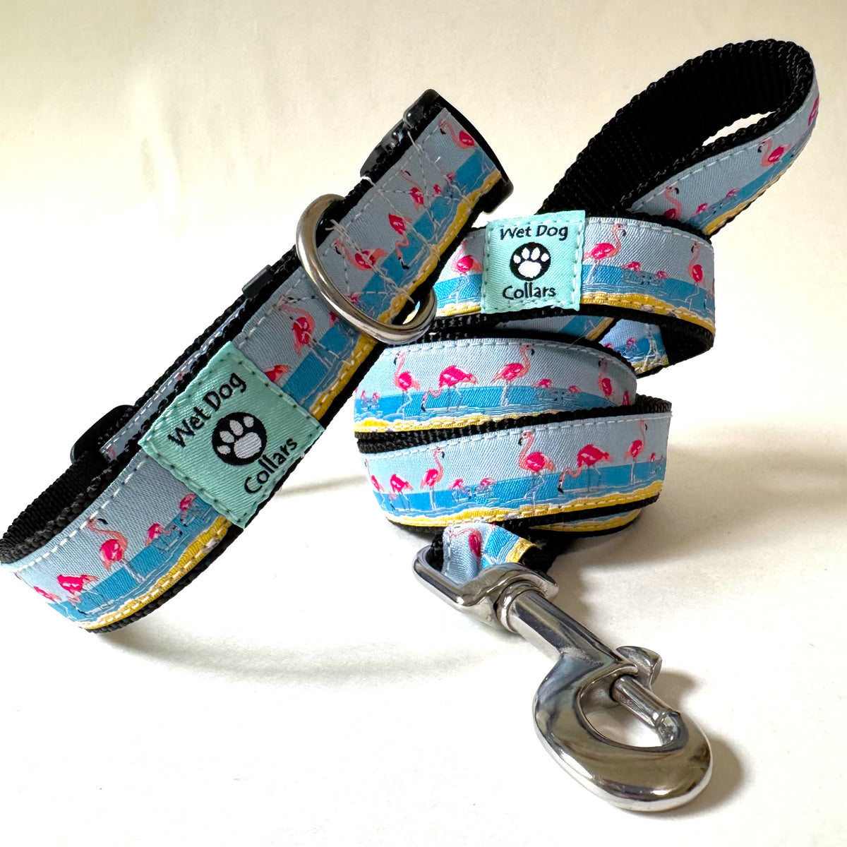 pink flamingos on a beach dog collar with rust proof stainless D-ring and matching leash with stainless clip made by Wet Dog Collars