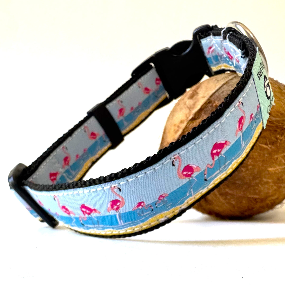 pink flamingos on a beach dog collar with rust proof stainless D-ring made by Wet Dog Collars