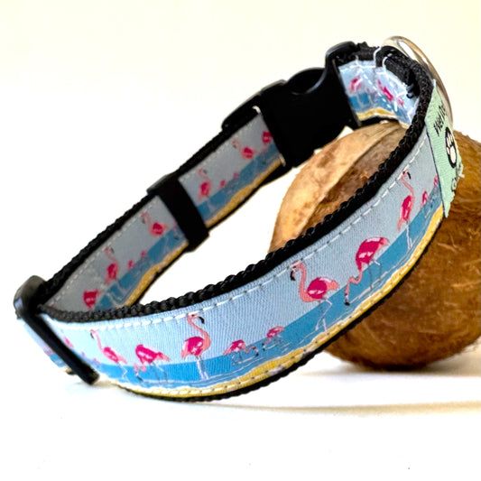 pink flamingos on a beach dog collar with rust proof stainless D-ring made by Wet Dog Collars