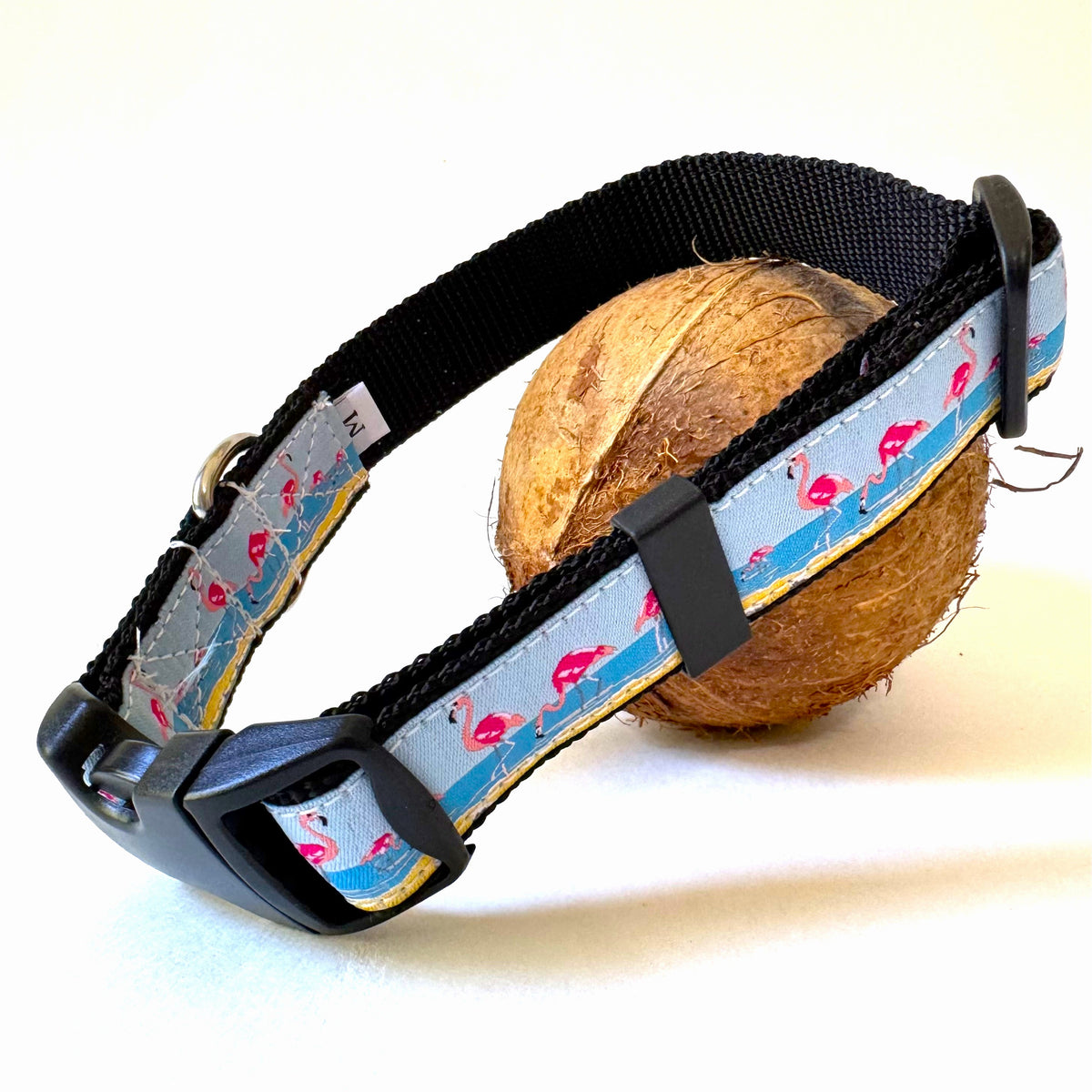 pink flamingos on a beach dog collar with rust proof stainless D-ring made by Wet Dog Collars