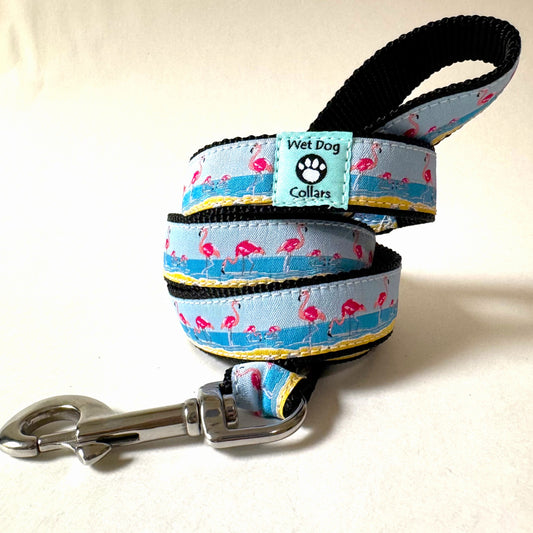 pink flamingos on a beach dog collar with rust proof stainless swivel clip made by Wet Dog Collars