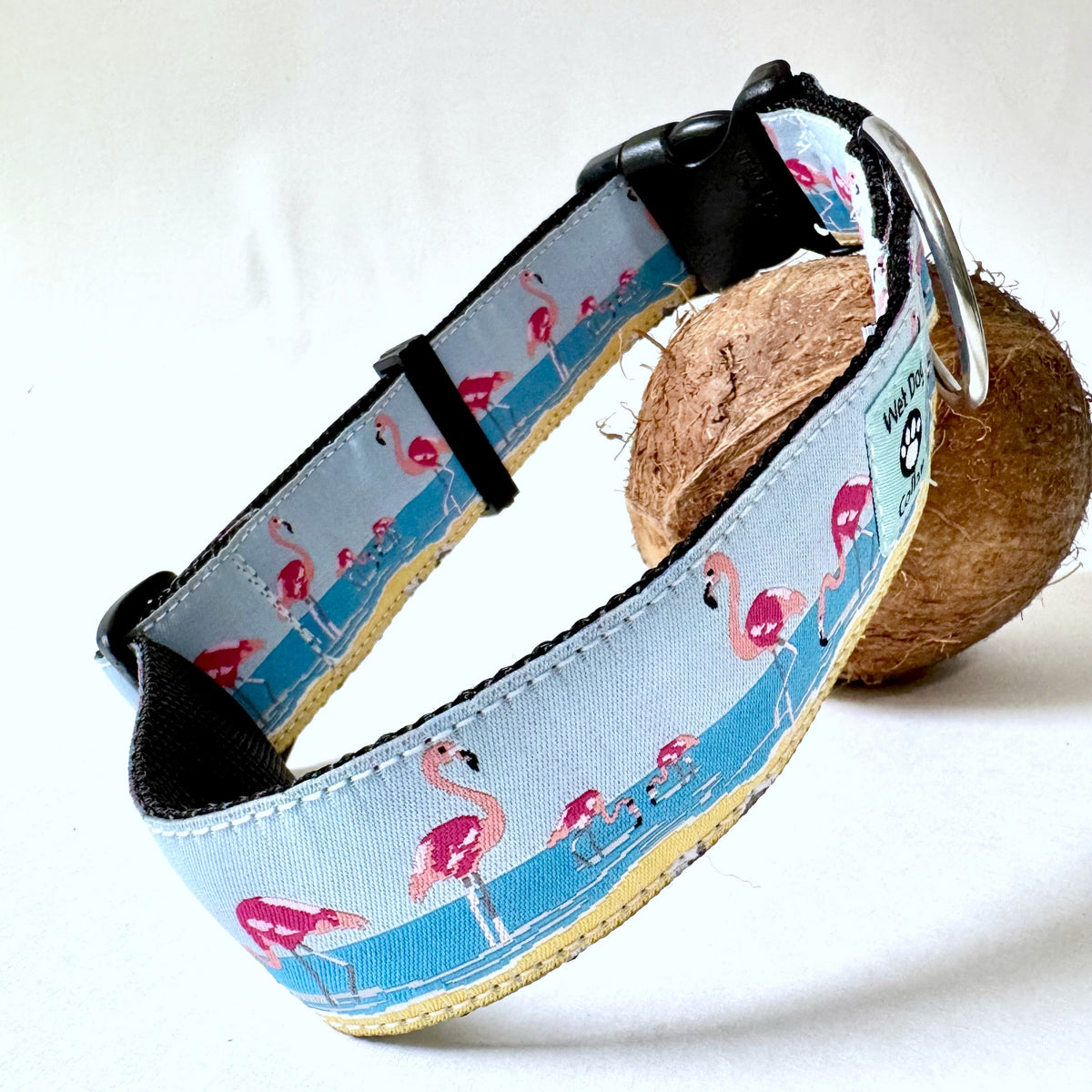 Flamingos on the beach in woven pattern on marine webbing, Rust proof D-ring. Wet Dog Collars