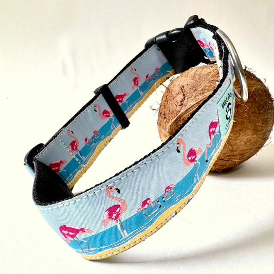 Flamingos on the beach in woven pattern on marine webbing, Rust proof D-ring. Wet Dog Collars