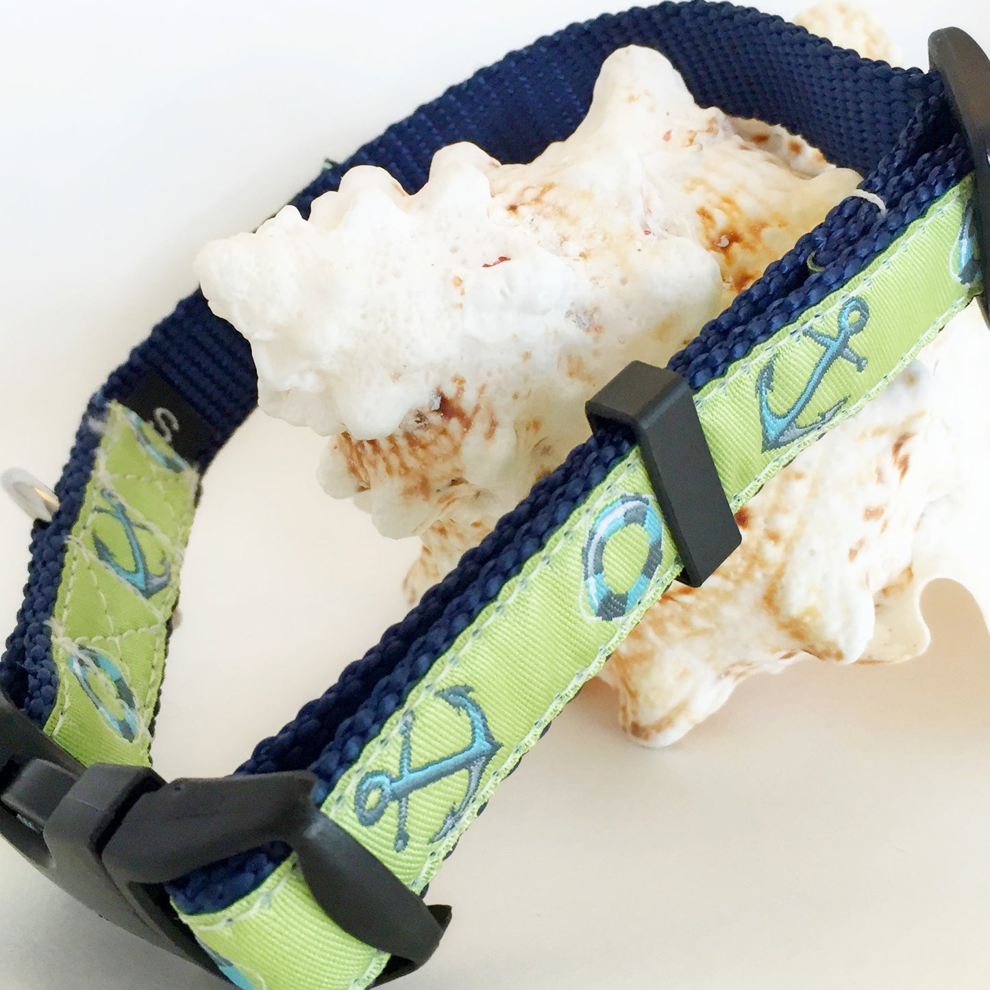 Navy and green dog collar with anchor pattern with stainless D-ring for saltwater