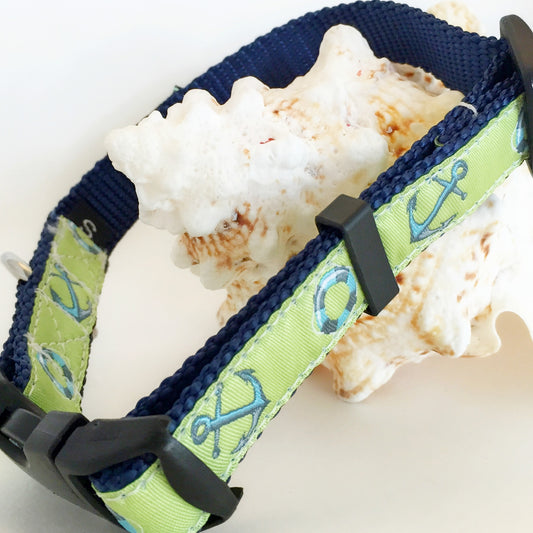 Navy and green dog collar with anchor pattern with stainless D-ring for saltwater