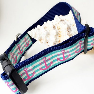 pink anchors on aqua stripes dog collar made for the salty dog with rust proof stainless