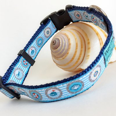 Dog collar with sailboats, compass, shell made for the sailing saltwater dog