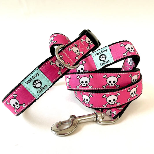 Pink dog leash and collar with skull pattern. Stainless steel hardware for the coastal environment