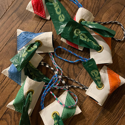 Repurposed sailcloth and spinnaker for dog baf holders