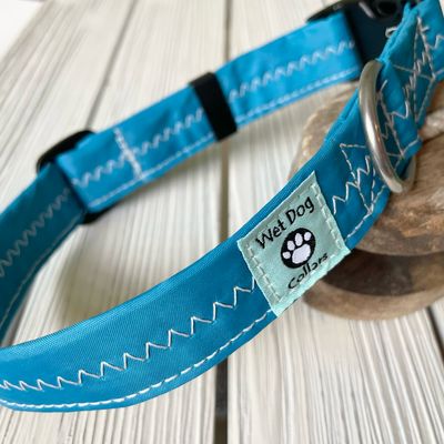 Blue dog collar with repurposed sailcloth and stainless hardware