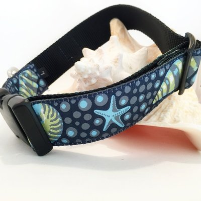 sea shells on navy wide dog collar made for the beach dog with stainless D-ring